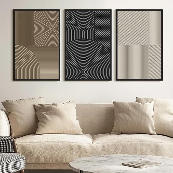 KUVIOKE Minimalist Abstract Boho Framed Wall Art Modern Mid-Century Bohemain Neutral Line Wall Decor Geometric Artwork Bedroom Decor 24x36in (Black Framed)