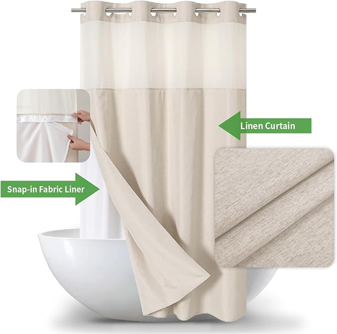 Stall No Hooks Needed Linen Textured Shower Curtain with Snap-in Fabric Liner Set,Hotel Luxury Decor Shower Curtains for Bathroom,Waterproof & Washable,54Wx74H,Cream
