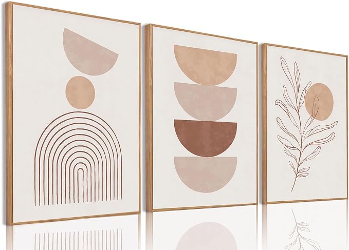 Bwodke Framed Boho Canvas Wall Art Mid Century Modern Prints Set of 3 Neutral Geometric Line Leaf Paintings Decor Minimalist Abstract Pictures Bedroom Living Room Bathroom