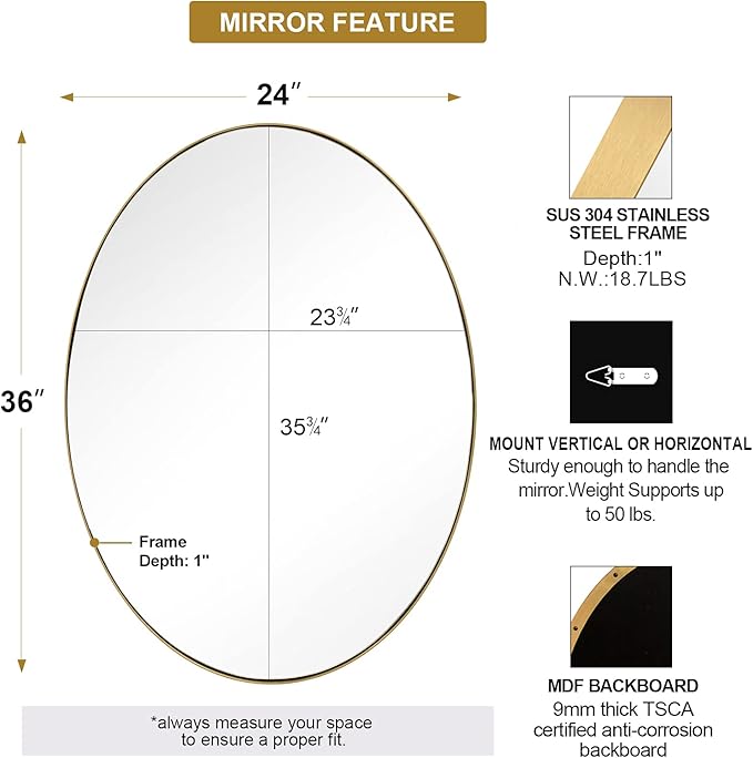 ANDY STAR Gold Oval Mirrors for Bathroom, 24x36 Inch Brushed Gold Stainless Steel Metal Framed Oval Wall Mirror, Modern Vanity Mirror Wall Mount Horizontal or Vertical