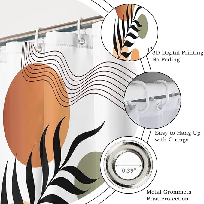 Boho Shower Curtain for Bathroom Black Leaves Orange Sun Brown Spots Abstract Stripes Shower Curtains Abstract Minimalist Bathroom Set Decor Washable Waterproof Polyester Fabric with Hooks 72x84 Inch