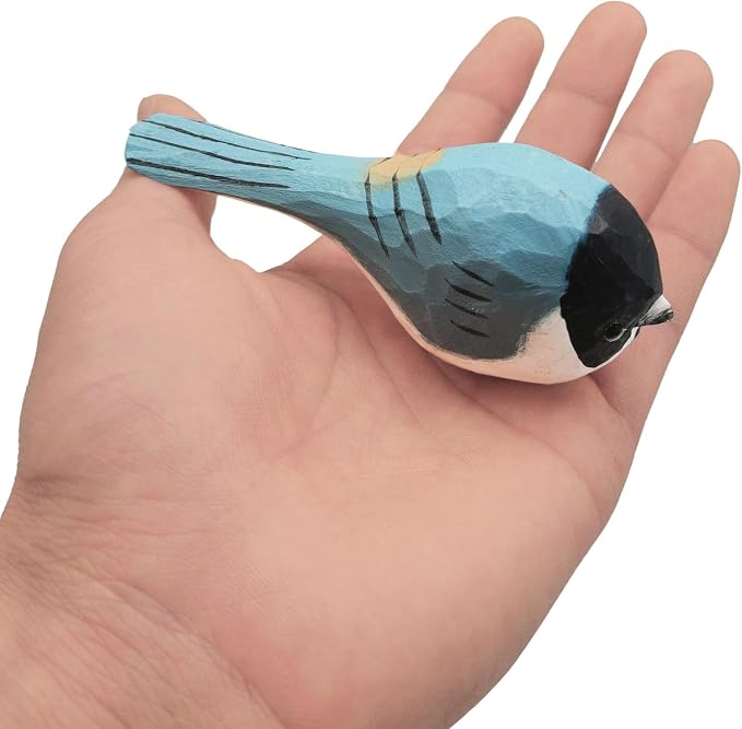 DIYOMR Hand Carved Wooden Bird Statue, Art Animal Sculpture with Wood Block, Vivid Blue Sparrow for Gift Home Table Ornament Decor
