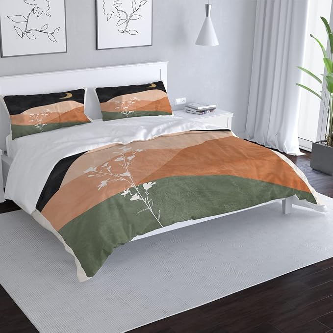 Modern Abstract Mid Century Duvet Cover Twin Size,Burn Orange Boho Bedding Set 3 Pcs Bohemian Sun Moon Art Duvet Cover Sets for Shabby Chic Home Soft Comforter Cover Set with 2 Pillowcase