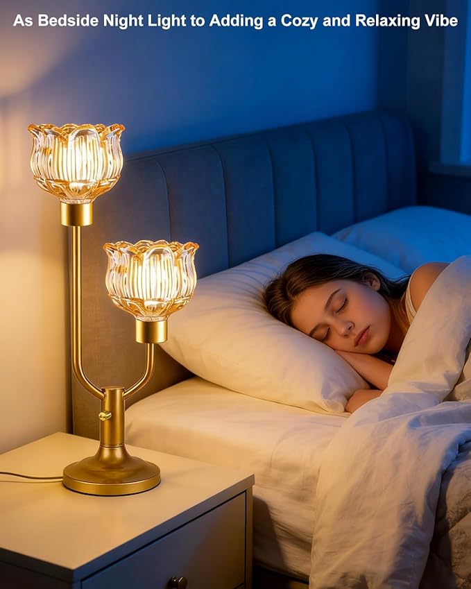 Lightdot Gold Table Lamp for Living Room Dimmable Mid Century Modern Flower Desk Lamp Amber Glass Vintage Nightstand Lamp 2 Bulbs Included Warmwhite Ambient Bedside Lamps for Bedroom Home Office Decor