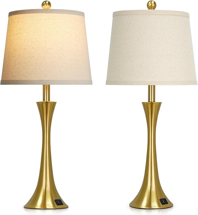 Rinweey 27.5" Gold Lamps for Living Room, Touch Control 3-Way Dimmable Bedside Nightstand Lamps Bedroom Lamp,Modern Gold Table Lamp with USB A+C Ports,Tall Lamps for Living Room End Table（1Pack）