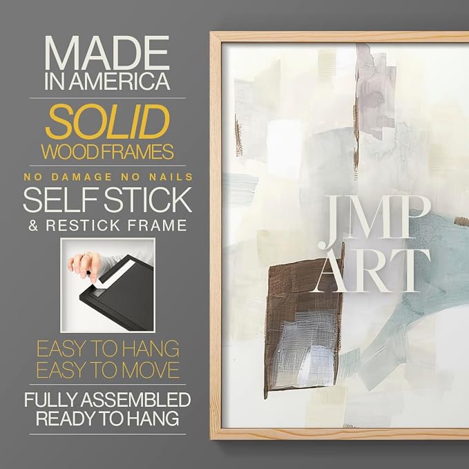 Renditions Gallery Set of 2 Peel & Stick Framed Prints, Abstract Wall Art, Minimalist Color Block Brush Strokes Wall Decor, Re-Stickable - Ready to Hang - 22"x28" - NATURAL WOOD Frame LT588