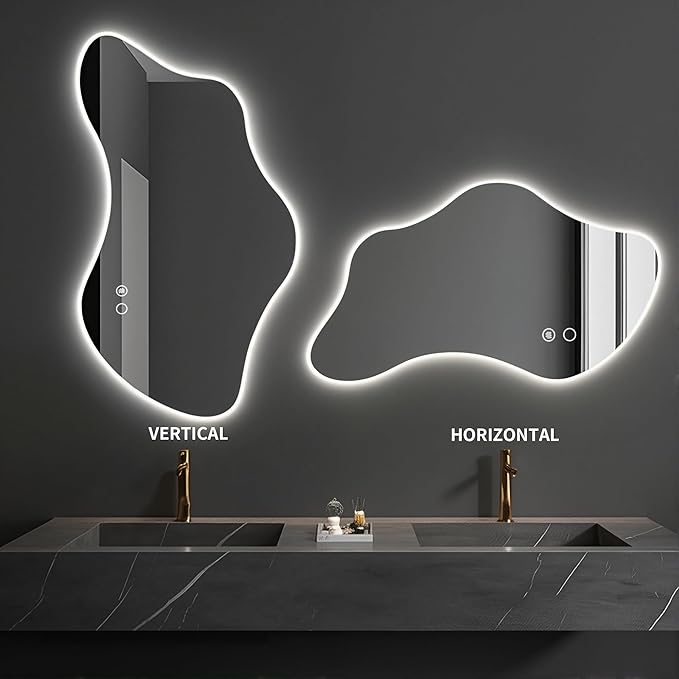 43.3″ Asymmetrical Bathroom Mirror with Lights, LED Irregular Wall Mirror, Abstract Modern Lighted Vanity Mirror for Wall, Anti-Fog, Dimmable, Horizontal/Vertical