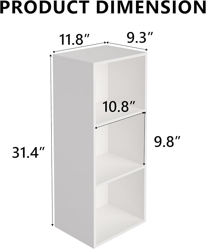 Wooden 3 Cube Storage Organizer, 3 Tier Storage Cubes Storage Display Cubby, Freestanding DIY Closet Shelving Unit for Living Room Bedroom Office (White, 3 Cube-W(11.8inch)