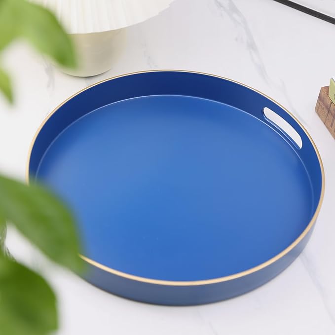 Royal Blue Round Decorative Tray with Handles, 13" Versatile Serving Tray for Coffee Table, Ottoman, Ideal for Serving, Displaying, Organizing