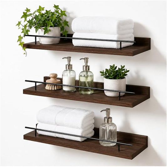 Wood Floating Shelves for Wall Set of 3, Rustic Bathroom Shelves with Guardrail, Wall Mounted Storage Shelves for Bedroom, Living Room and Kitchen