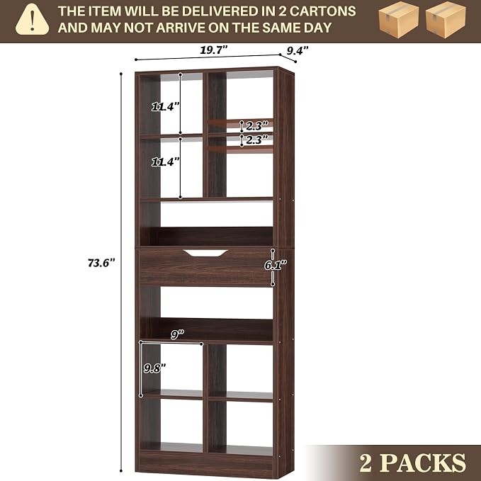 Armocity 16-Tier Tall Bookshelf Set of 2, 73.6" Narrow Freestanding Bookcase with 2 Drawers, Space-Saving Wood Display Shelves Storage for Living Room, Home Office Bedroom, Black Walnut