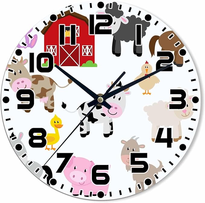 Farm Animals and Barn Wall Clock Pigs Rabbits Goats Chickens Battery Powered Wall Clock Silent Non Ticking 10 Inch for Living Room, Kitchen, Home,Bathroom, Bedroom