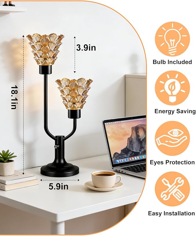 Lightdot Vintage Table Lamp for Living Room Dimmable Mid Century Modern Desk Lamp Amber Glass Black Nightstand Lamp 2 Bulbs Included Warmwhite Ambient Bedside Lamps for Bedroom Home Office Decor Gift