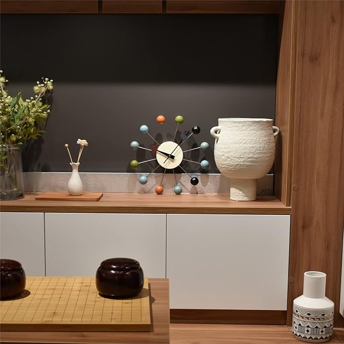 Wood Ball Wall Clock Mid Century Modern Silent Non Ticking Battery Operated 13 Inch Decorative Pop Color Quartz Clocks for Living Room Office Kitchen