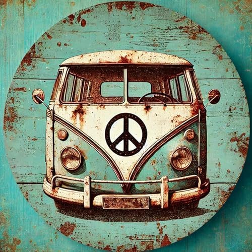 1pc Vintage Hippie Van Peace Sign Aluminum Wall Art, Retro Distressed Metal Plaque, Novelty Home Bathroom Decor for Room,(8x8 Inch), Aesthetic, Perfect for Room Decor