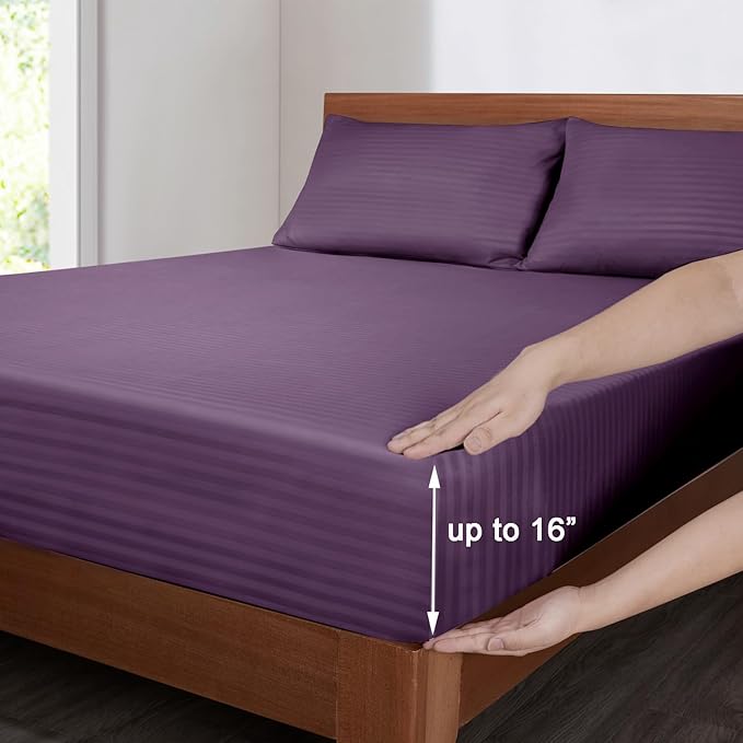 Mejoroom Striped Queen Size Sheet Set - Hotel Luxury 1800 Bedding Sheets & Pillowcases - Deep Pocket Fitted Sheet, Soft, Breathable, Wrinkle & Fade Resistant - 4 Piece (Purple)