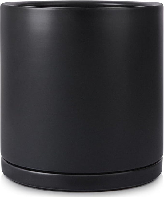 Kazeila 12 Inches Ceramic Planter Pot - Saucer and Drainage Hole - Full Glazed - Matte Black