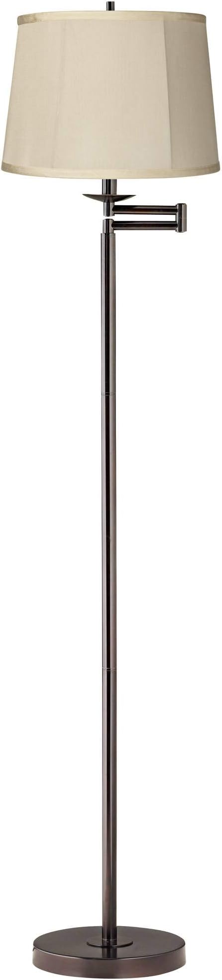 360 Lighting Modern Swing Arm Floor Lamp Standing 60 1/2" Tall Bronze Brown Adjustable Beige Fabric Drum Shade Top Bottom Trim Decor for Living Room Reading House Bedroom Office