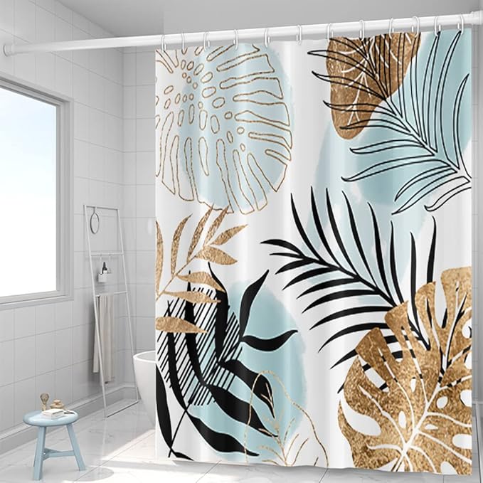 Abstract Mid Century Shower Curtain 72Wx84H Boho Geometric Light Blue Black Golden Leaves Minimalist Aesthetic Modern Art Fabric Waterproof Home Bathroom Decor 12 Plastic Hooks