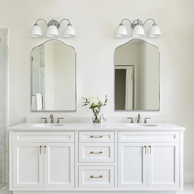ANDY STAR Scalloped Arched Mirror, 22x35 Brushed Nickel Irregular Bathroom Mirror for Vanity, Asymmetrical Curved Top with Rustproof Stainless Steel Frame, for Entryway, Bedroom, Mantel, Fireplace