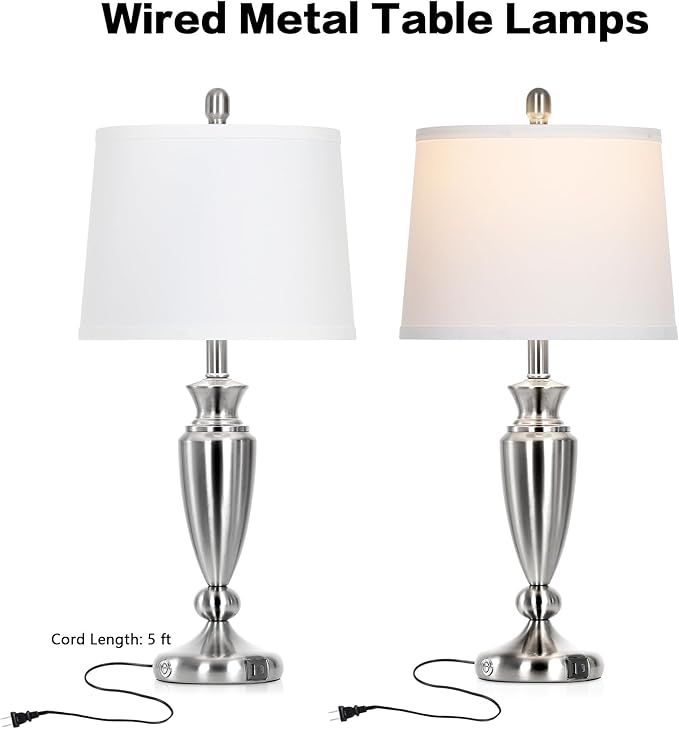 Rinweey Metal Table Lamps Set of 2, 3 Way Touch Control Silver Bedside Lamps with USB A+C Ports, Modern Brushed Nickel Nightstand Lamps for Bedroom Living Room