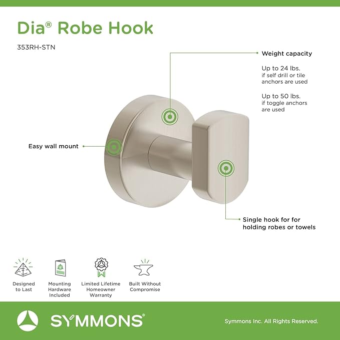 Symmons 353RH-STN Dia Wall-Mounted Robe Hook in Satin Nickel