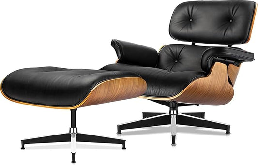 Mid Century Chaise Lounge Chair and Ottoman, Reading Chair, Leather Accent Chair, Modern Chair, Classic Design, Heavy Duty Base Support for Living Room Lounge Office (Walnut-Black, Upgraded)