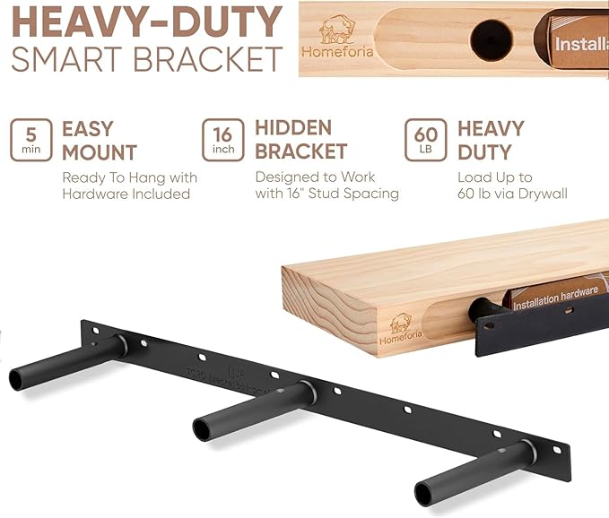Homeforia 42 inch Wood Floating Shelf, High End Solid Natural Wood 42inch Large Floating Shelves for Wall Mounted, Unfinished Wooden Floating Shelves, Heavy Duty Bracket, 42 X 6.5 X 1.75 in, Set of 3