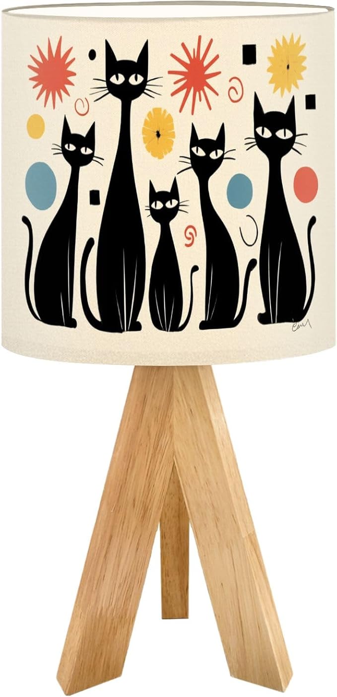 Tripod Table Lamp Mid Century Modern Atomic Cat Diamonds Black Retro Abstract Bedside Lamps Small Lamp Nightstand Lamp with Linen Lampshade Table Lamps for Bedroom Livingroom Nursery