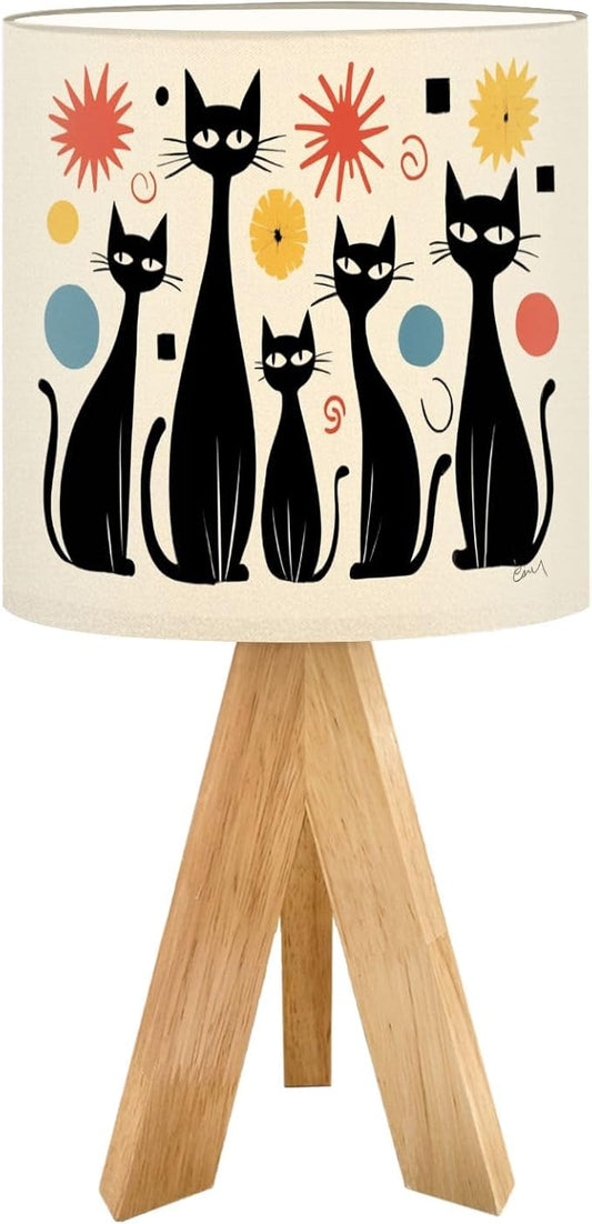 Tripod Table Lamp Mid Century Modern Atomic Cat Diamonds Black Retro Abstract Bedside Lamps Small Lamp Nightstand Lamp with Linen Lampshade Table Lamps for Bedroom Livingroom Nursery