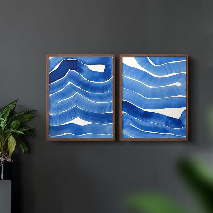 Renditions Gallery Set of 2 Peel & Stick Framed Prints, Watercolor Abstract Wall Art, Bold Brushstrokes in Shades of Blue Wall Decor, Re-Stickable - Ready to Hang - 22"x28" - Walnut Frame LT588