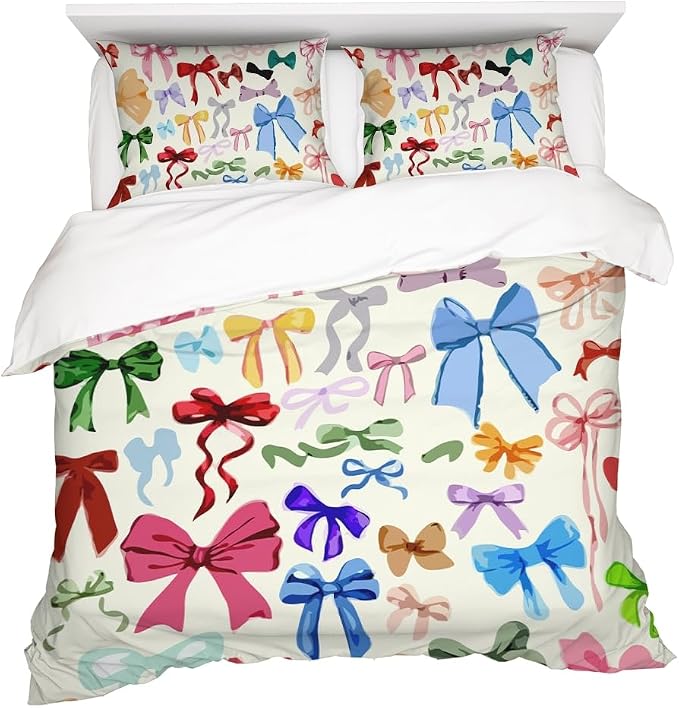Colorful Bow Duvet Cover Twin Size Watercolor Bows Printed Coquette Bedding Set 3Pcs Kids Girls Cute Comforter Cover with Zipper Closure Soft Breathable Microfiber Twin Size 68"x88"