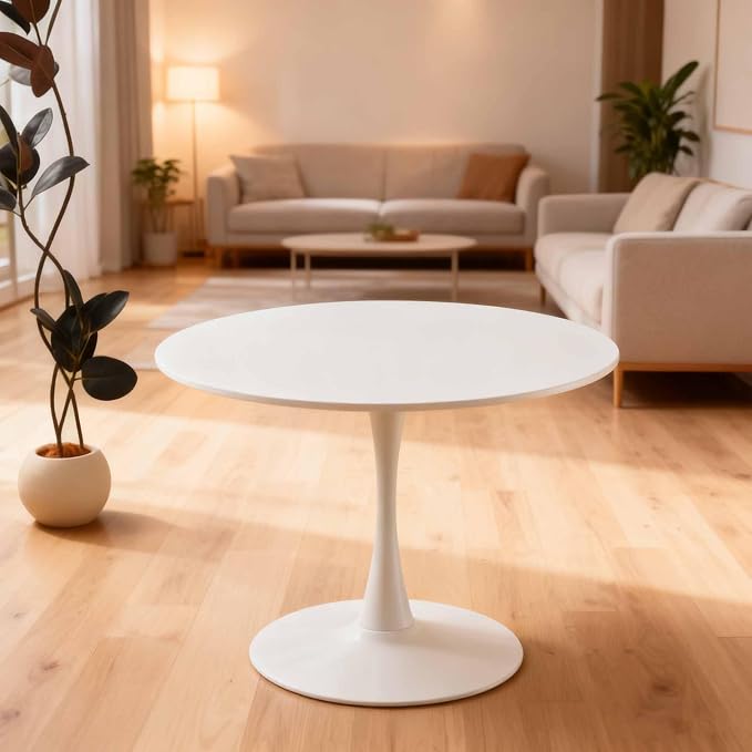 42-inches White Round Dining Table, Modern Tulip Kitchen Table with Thickened Tabletop & Sturdy Pedestal Base, Tulip Shape Table for Small Places, Living Room, Office, Cafe