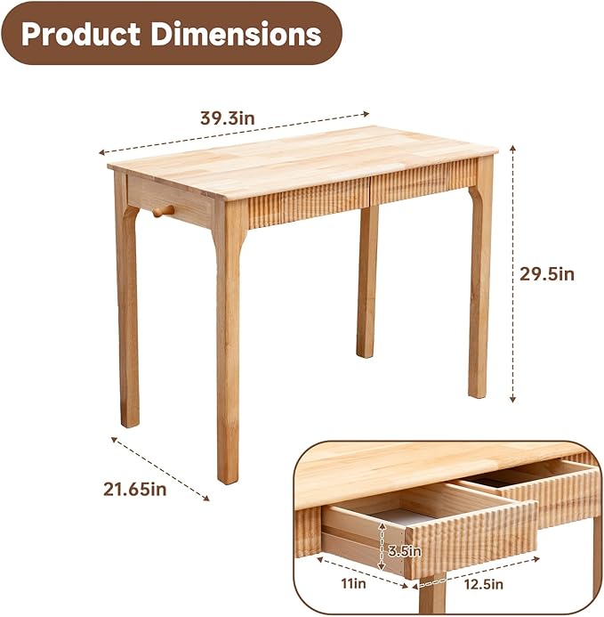 100% Solid Wood Desk with Drawers, Small Home Office Writing Wooden Desk, Vintage Wood Desk for Small Spaces, Bedroom, Work Study Computer Table with Fluted Design and Hooks (Natural)