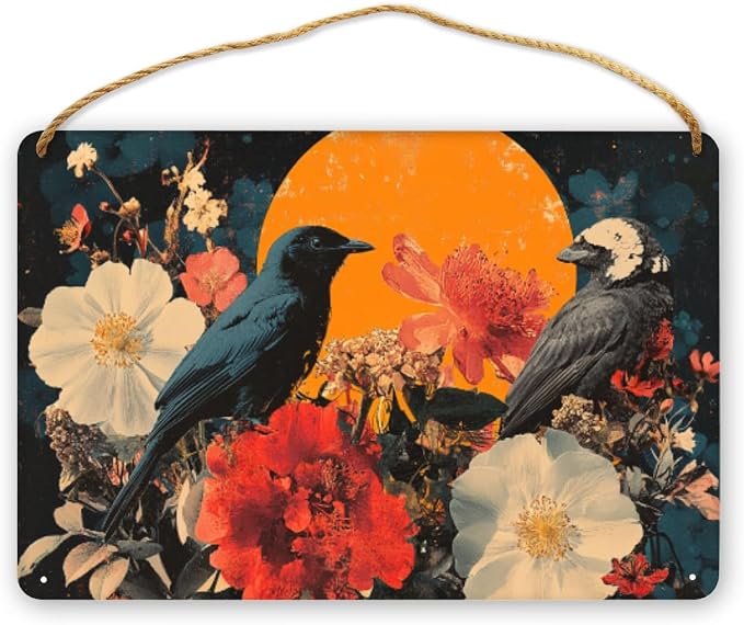 Vintage Black Bird Amidst Red-White Flowers Wooden Sign 12x8 Inch - Eclectic Bedroom Decor for Retro Fans - Thoughtful Gift for Unique Interior Seekers