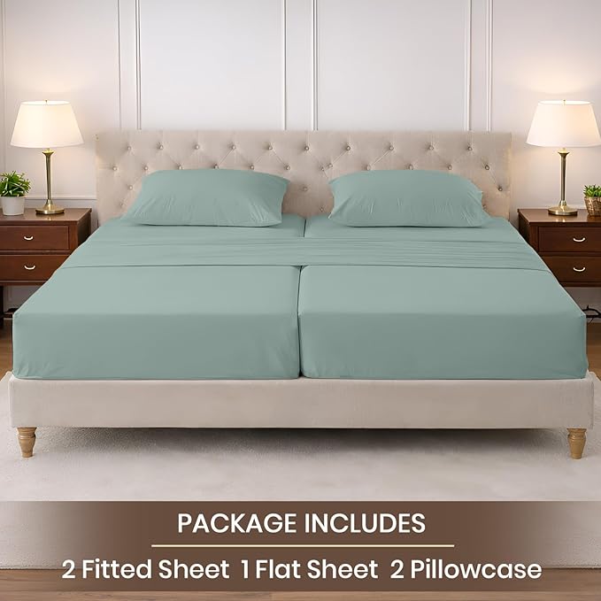 SGI Split King Sheet Set for Adjustable Bed Egyptian Premium Cotton 600 Thread Count Sheets for Sleep Number Bed 15" Deep Pocket 5 Pc Set with 2 Twin XL Fitted Sheets Soft Breathable -Aqua Green