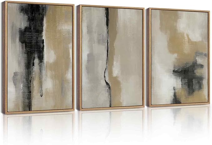 KUVIOKE Black Gray Abstract Framed Wall Art Neutral Wall Decor Minimalist Modern Illustrations Art Print for Living Room Bedroom 12x16in (Natural Framed)