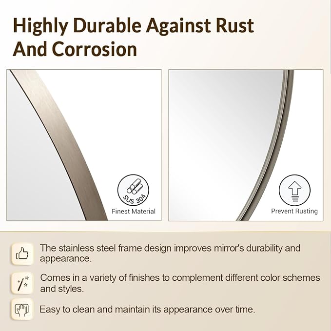 ANDY STAR Round Bathroom Mirror, 24’’ Brushed Silver Round Bathroom Mirrors in Stainless Steel Metal Frame 1" Deep Set Design
