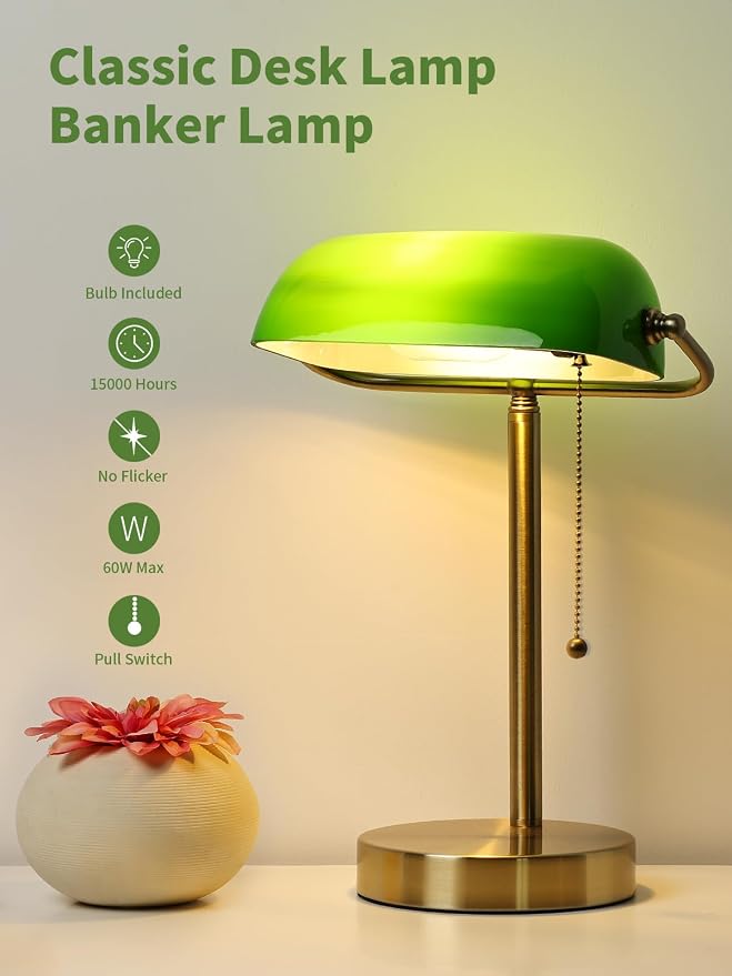 Traditional Green Glass Bankers Desk Lamp with Pull Chain Switch Plug in Fixture,LED Bulb Included