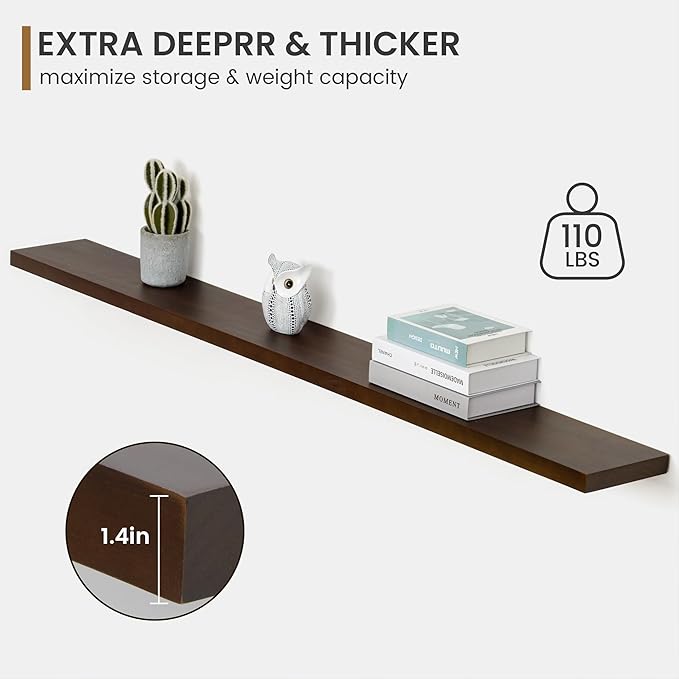 Floating Shelves 72 Inches Long - 8 Inch Deep Rustic Solid Pine Wood for Storage - Farmhouse Wall Mounted for Living Room - Heavy-Duty Metal Bracket - 72" W x 8" D - American Walnut Color