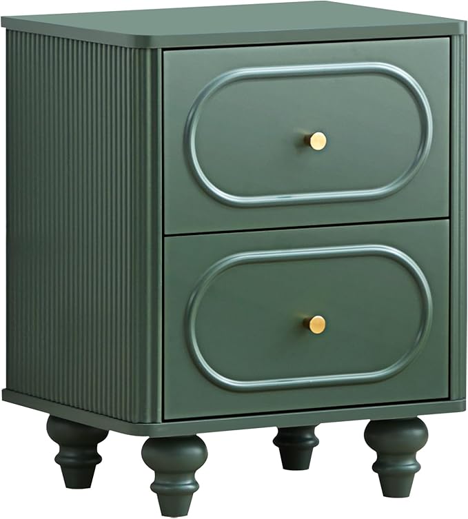 ORRD 2 Drawer Fluted Mini Small Dresser for Bedroom Set of 2, Mid Century Modern Nightstand Bedside End Table, Wood Storage Dresser Organizer for Bedroom, Green