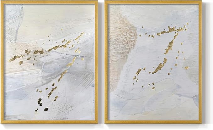 Renditions Gallery Set of 2 Peel & Stick Framed Prints, Modern Abstract Wall Art, Gold Sprinkle Oil Painting Wall Decor, Re-Stickable - Ready to Hang - 8"x10" - GOLD Frame LT588