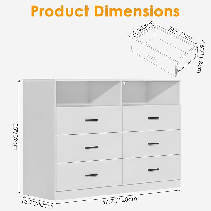 Bigbiglife 6 Drawers Dresser for Bedroom with Open Storage Cubby, Double Wide Dresser Organizer for Bedroom, Living Room, Entryway, Hallway (White)