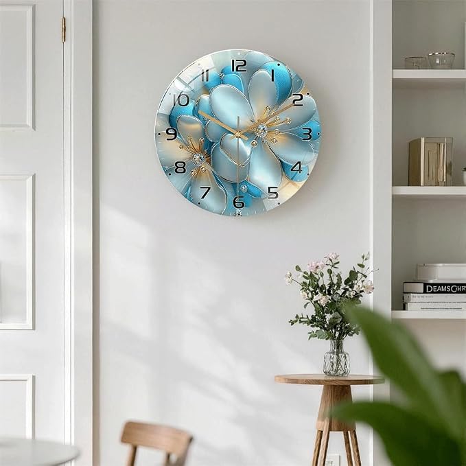 24 Inch Blue Floral Glass Wall Clock Silent Modern Art Decor | Silent glossy wall clock with 3D blue florals and jewel accents, elegantly tracking time for your living room or bedroom