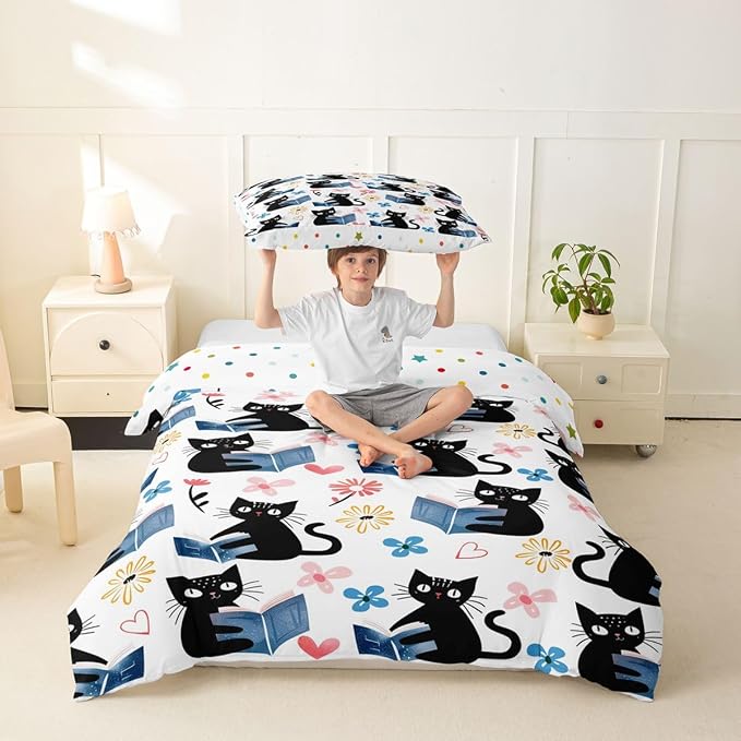 Erosebridal Kawaii Pet Cat Toddler Comforter Cover Black Kitten Cat Lovers Bedding Set Trendy Preppy Florals Duvet Cover for Kids Girls Boys Adults Cute Animals Reading Aesthetic Bed Set