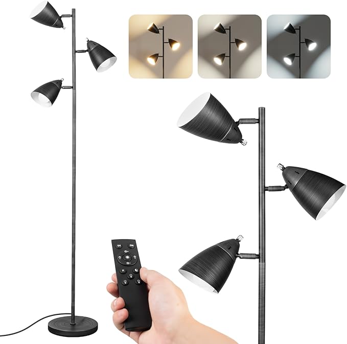 LALISU Tree Floor Lamp for Living Room, Industrial 3-Light Standing Lamp with 3 LED Bulbs, Adjustable Rotation Heads, Standing Tall Pole Lamp Farmhouse Rustic Reading Lamps (Brushed Black)