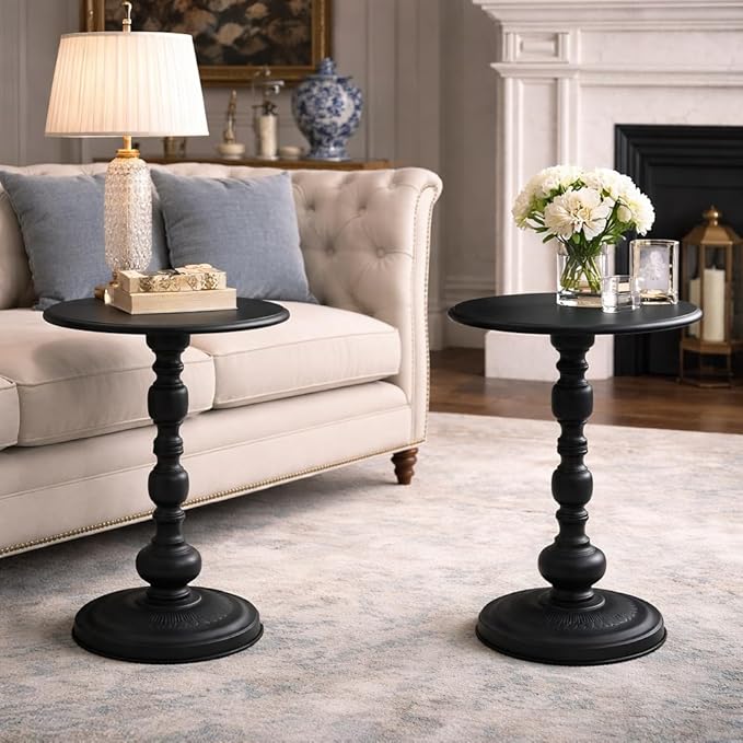 Round Drink Tables Set of 2, Vintage Black Metal Pedestal Side Tables for Living Room, Small Martini Accent Tables for Sofa Bedside Nightstand Small Spaces