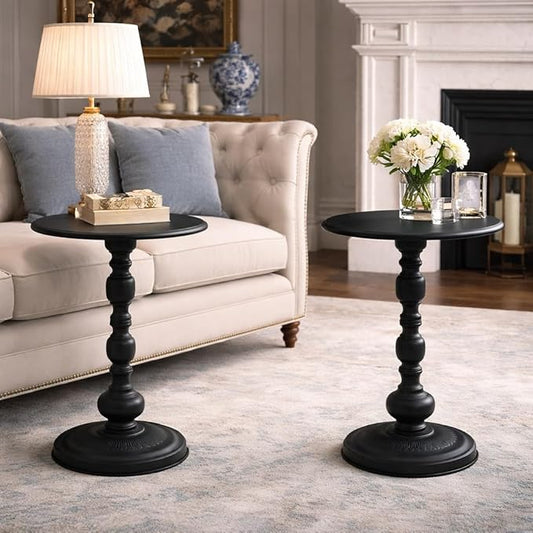Round Drink Tables Set of 2, Vintage Black Metal Pedestal Side Tables for Living Room, Small Martini Accent Tables for Sofa Bedside Nightstand Small Spaces