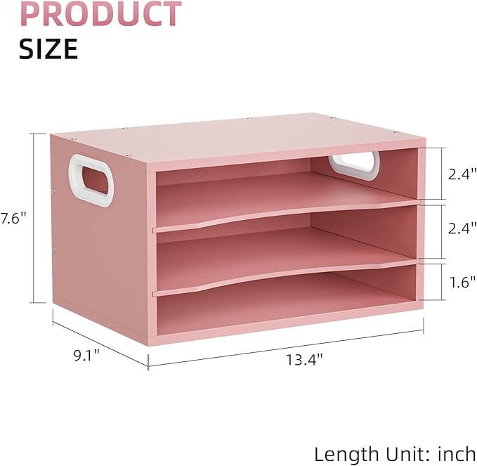 Marbrasse 3-Tier Wood Desk Organizer, Paper Letter Tray Organizer for Desk, Wooden Desktop File Organizer with Handle and Paper Sorter Mail Holder for Office School & Home Supplies Organization-Pink