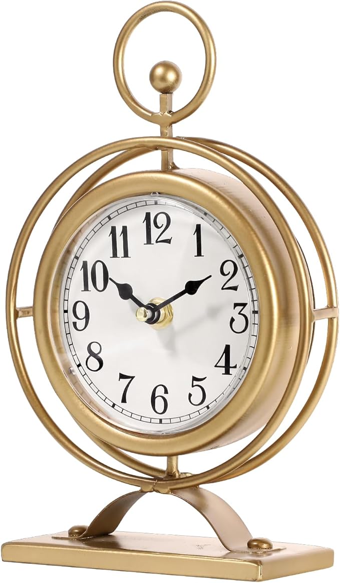 Vintage Table Clock on Stand, Decorative Metal Desk Clock, Small Antique Gold Silent Non-Ticking Battery Operated Farmhouse Shelf Table Clocks for Home Kitchen Bedroom Decor
